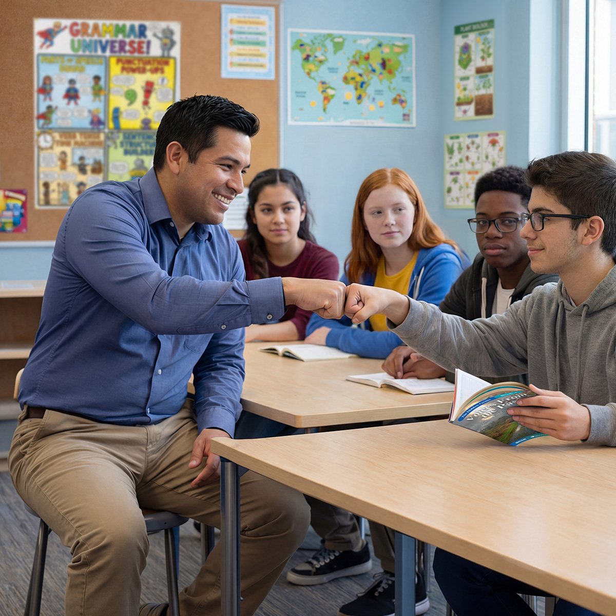 reading teacher fist bumps student