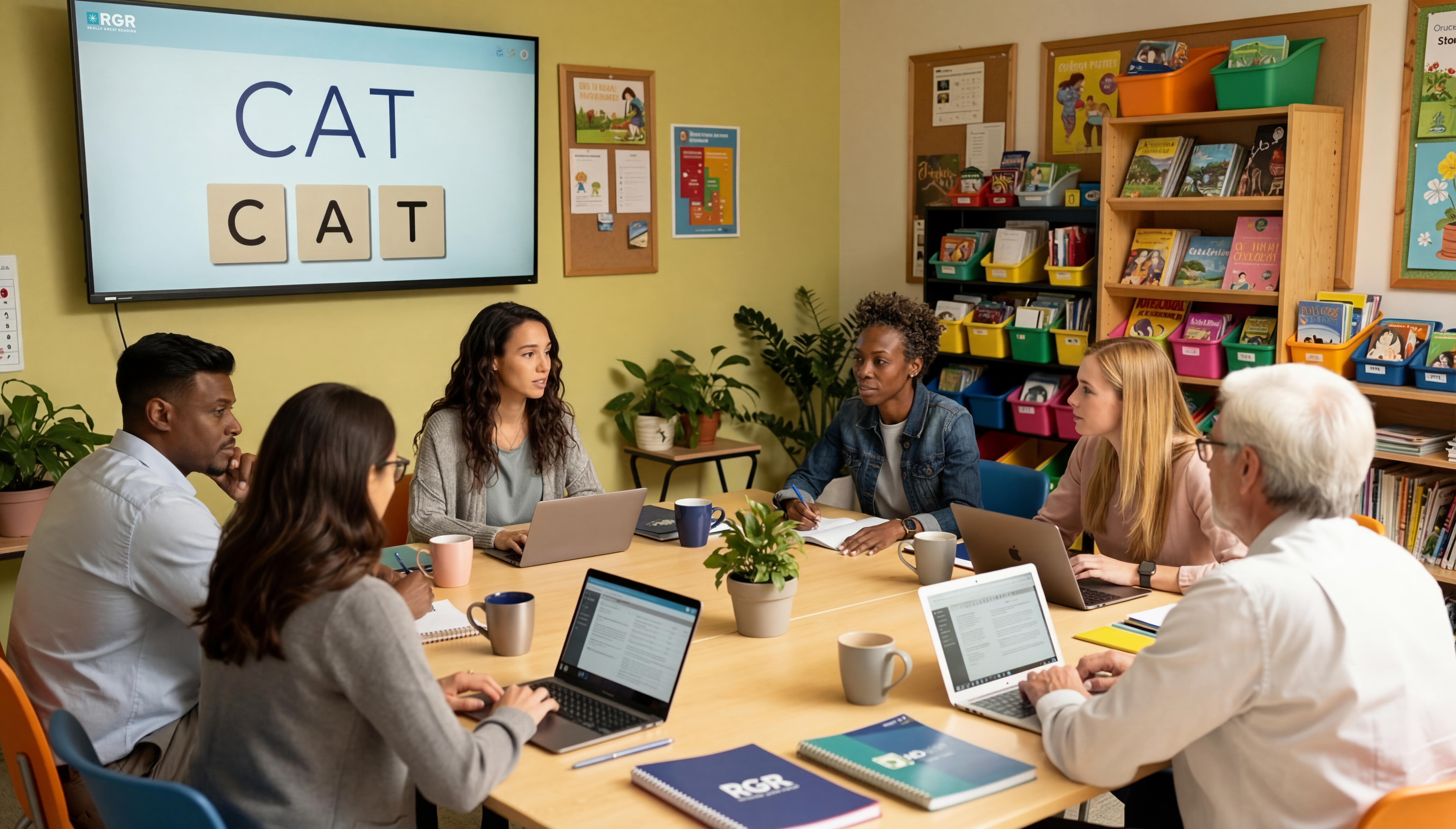 Six adults with laptops around a table together.