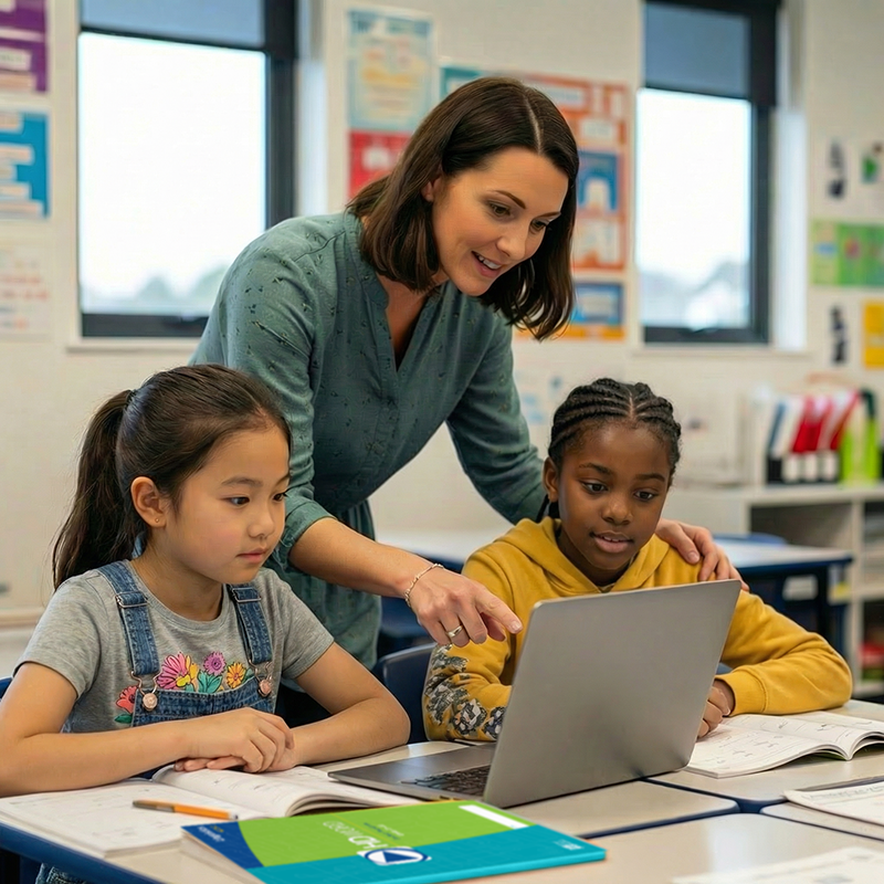 Teachers and students in a classroom with computer