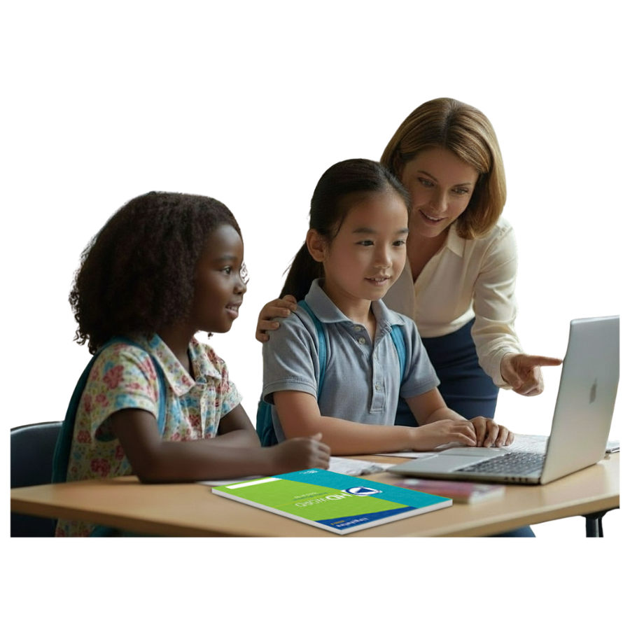 A teacher helps two elementary students use a laptop at a classroom table. One student types on the computer while the other watches. A literacy workbook sits on the desk in front of them.