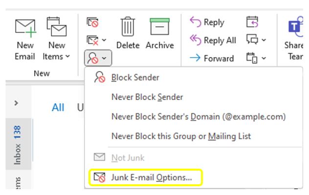 Outlook Junk Mail Option for Safe Sender 