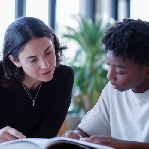 Teacher and student reading together.