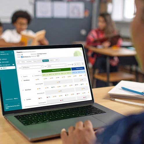 Woman looking at laptop with kids in classroom.