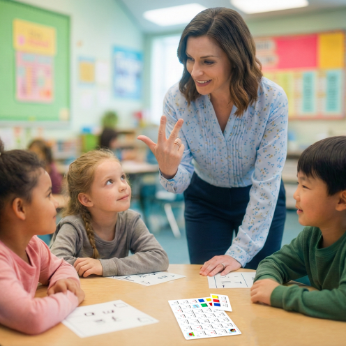 Teacher and three students.