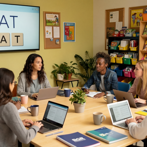 Six adults with laptops around a table together.