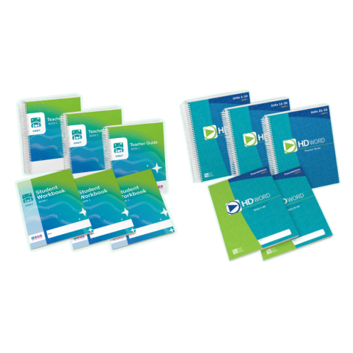 A collection of Orbit and HD Word literacy program materials, including teacher guides and student workbooks, displayed side by side.