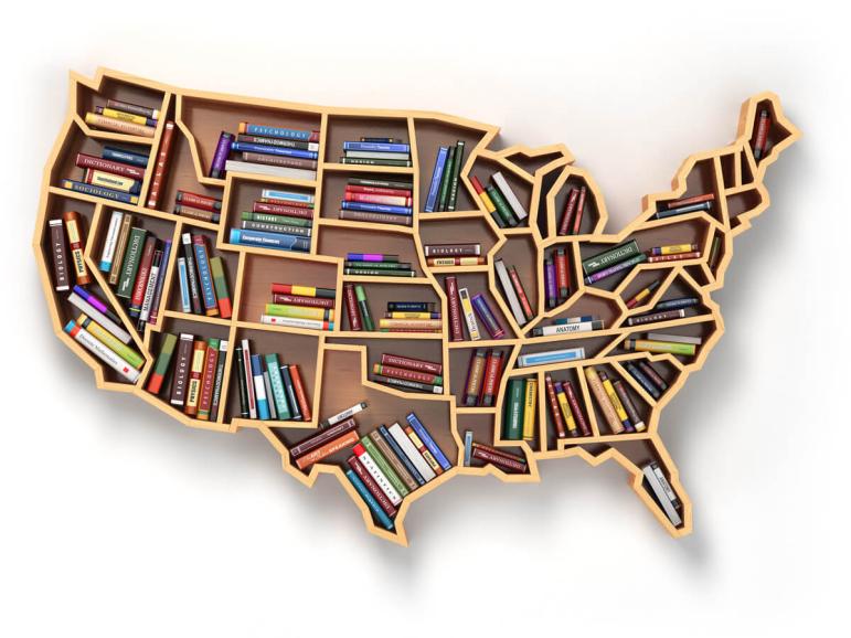 US map illustration with books in each state.