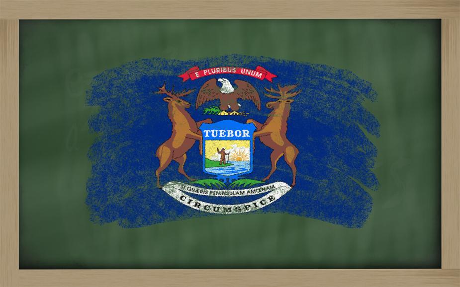 Michigan state flag on chalkboard.