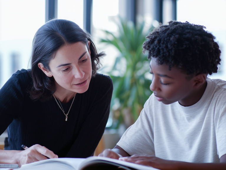 Teacher and student reading together.