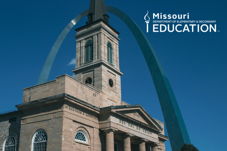 Missouri Department of Elementary & Secondary Education logo overlaid on the St. Louis Gateway Arch and Old Cathedral landmark
