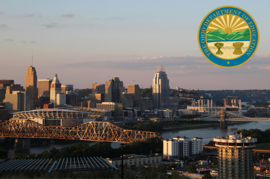Ohio Department of Education seal overlaid on a Cincinnati skyline cityscape