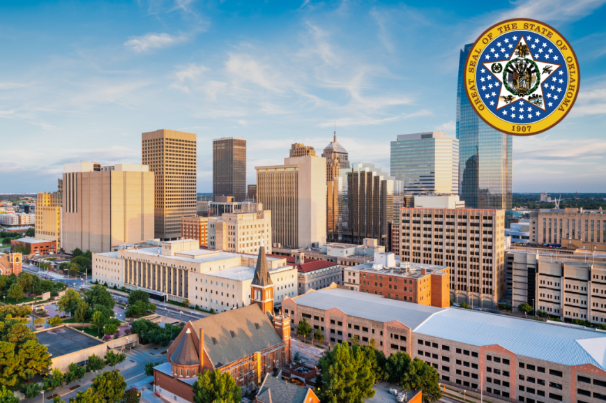 31 PM Great Seal of Oklahoma overlaid on an Oklahoma City skyline cityscape