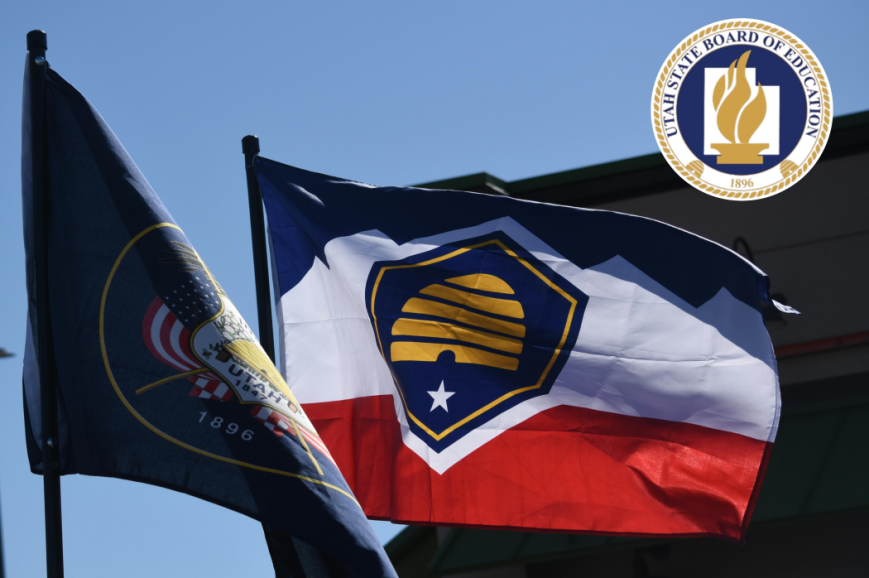 Utah State Board of Education seal overlaid on Utah state flags flying against a blue sky