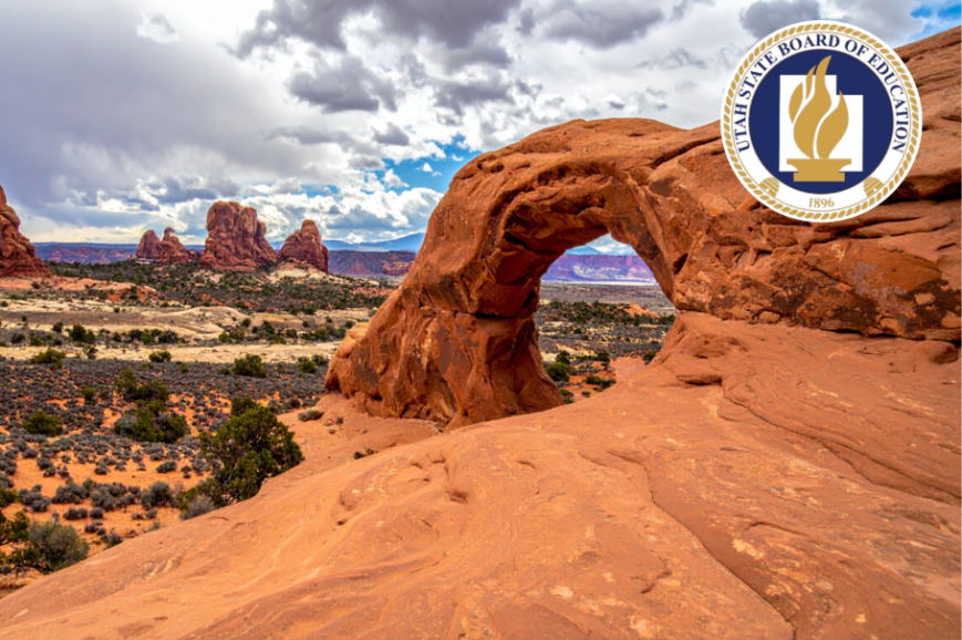 Utah State Board of Education logo alongside a scenic Utah red rock arch landscape