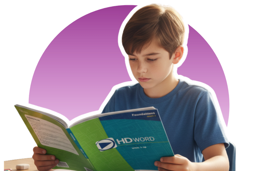 An elementary-aged student reads an HD Word workbook while sitting at a desk. A purple circular background graphic appears behind the student.